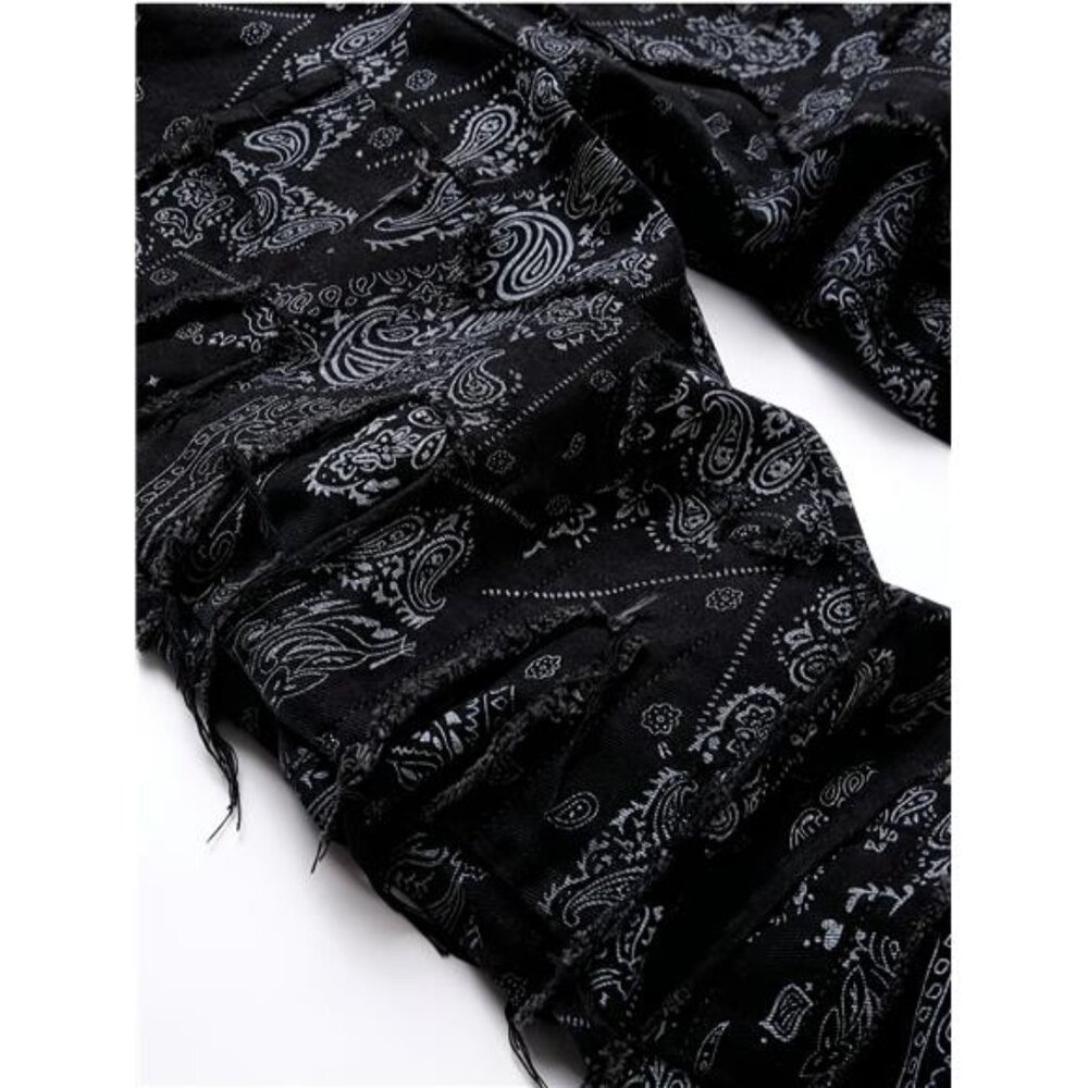 NWT Men's Black & White Paisley Ruched Stacked Jeans - Picture 3 of 5